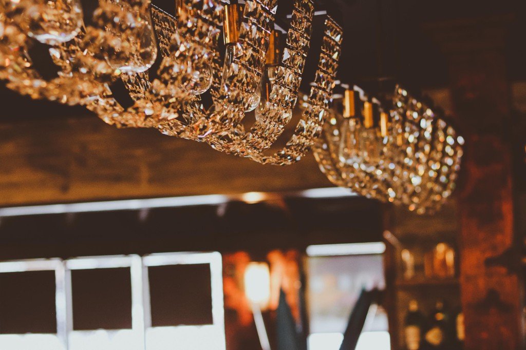 Elegant crystal chandeliers in Tequila Fuego dining area Longview Washington